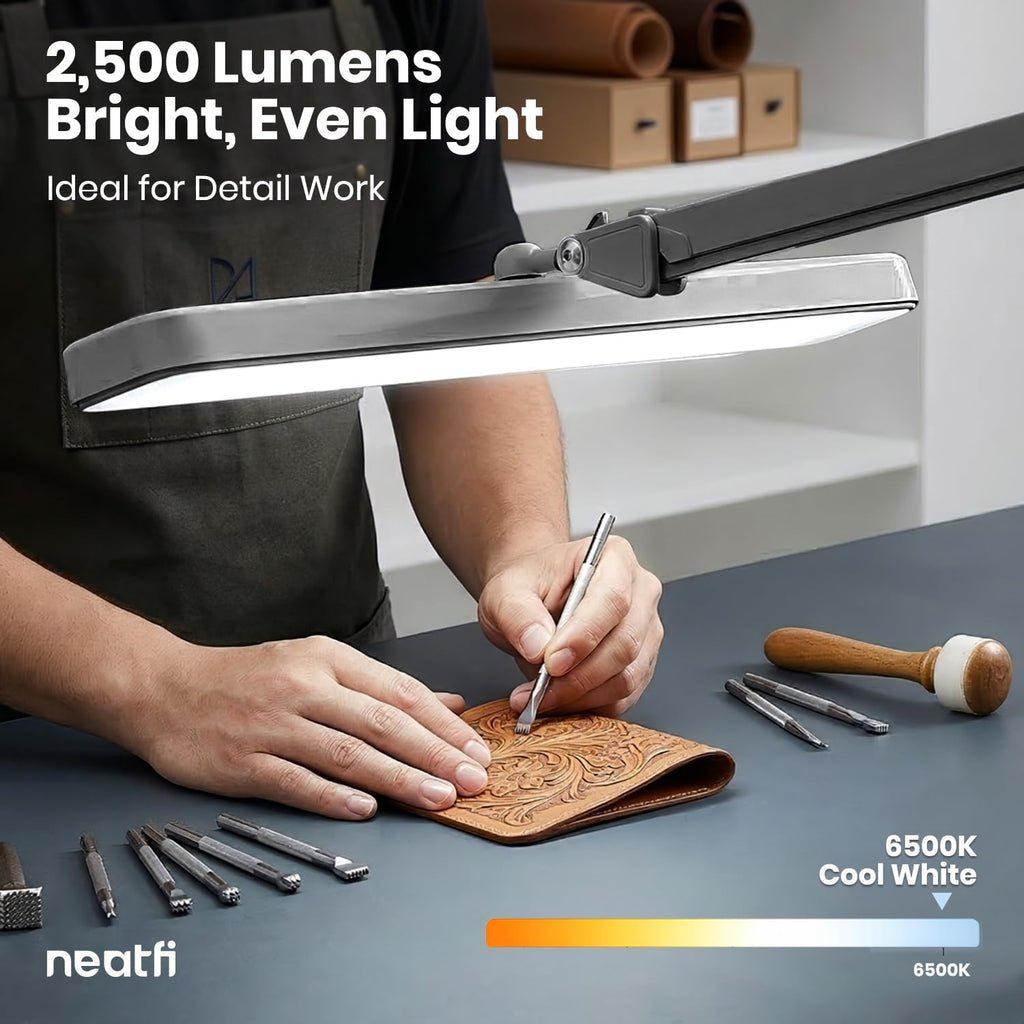 Neatfi XL 2,500 Lumens 30W LED Task Lamp for Manicure Table, Crafts, Workbench, Office – 22' Wide Shade Desk Light | Eye-Caring 6500K | 4-Level Brightness (Silver, Non-CCT with Clamp)