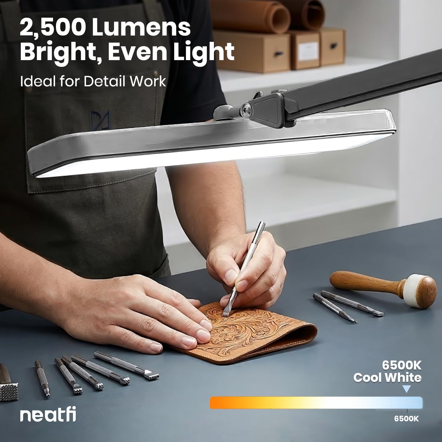 Neatfi XL 2,500 Lumens 30W LED Task Lamp for Manicure Table, Crafts, Workbench, Office – 22' Wide Shade Desk Light | Eye-Caring 6500K | 4-Level Brightness (Silver, Non-CCT with Clamp)