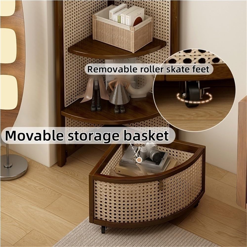 Multi-Functional Corner Shelf, Solid Wood Rattan Triangular Cabinet, 4-Tier Floor Standing Bookshelf for Living Room, Bedroom(Brown)