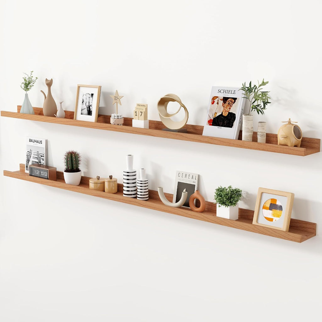 Axeman Cherry Picture Ledge Shelf, 72 Inch Floating Shelves Set of 2, Solid Wood Wall Shelves with Lip, Wall Decor Storage for Bedroom Living Room Bathroom Kitchen Nursery Photo, Natural Cherry