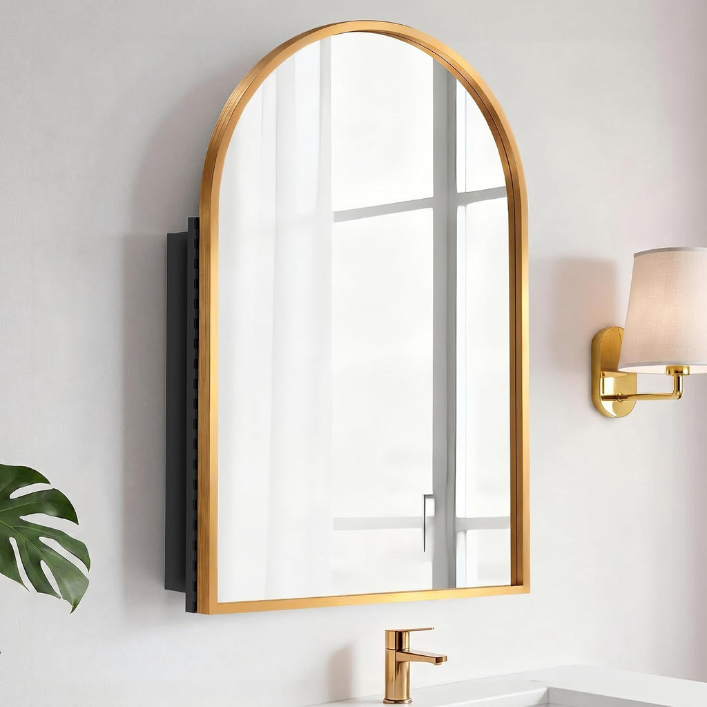 SogesPower 30'x20' Metal Medicine Cabinet with Mirror for Bathroom,Arched Recessed Medicine Cabinet with 2 Shelves, Wall-Mounted Bathroom Mirror with Storage,Gold