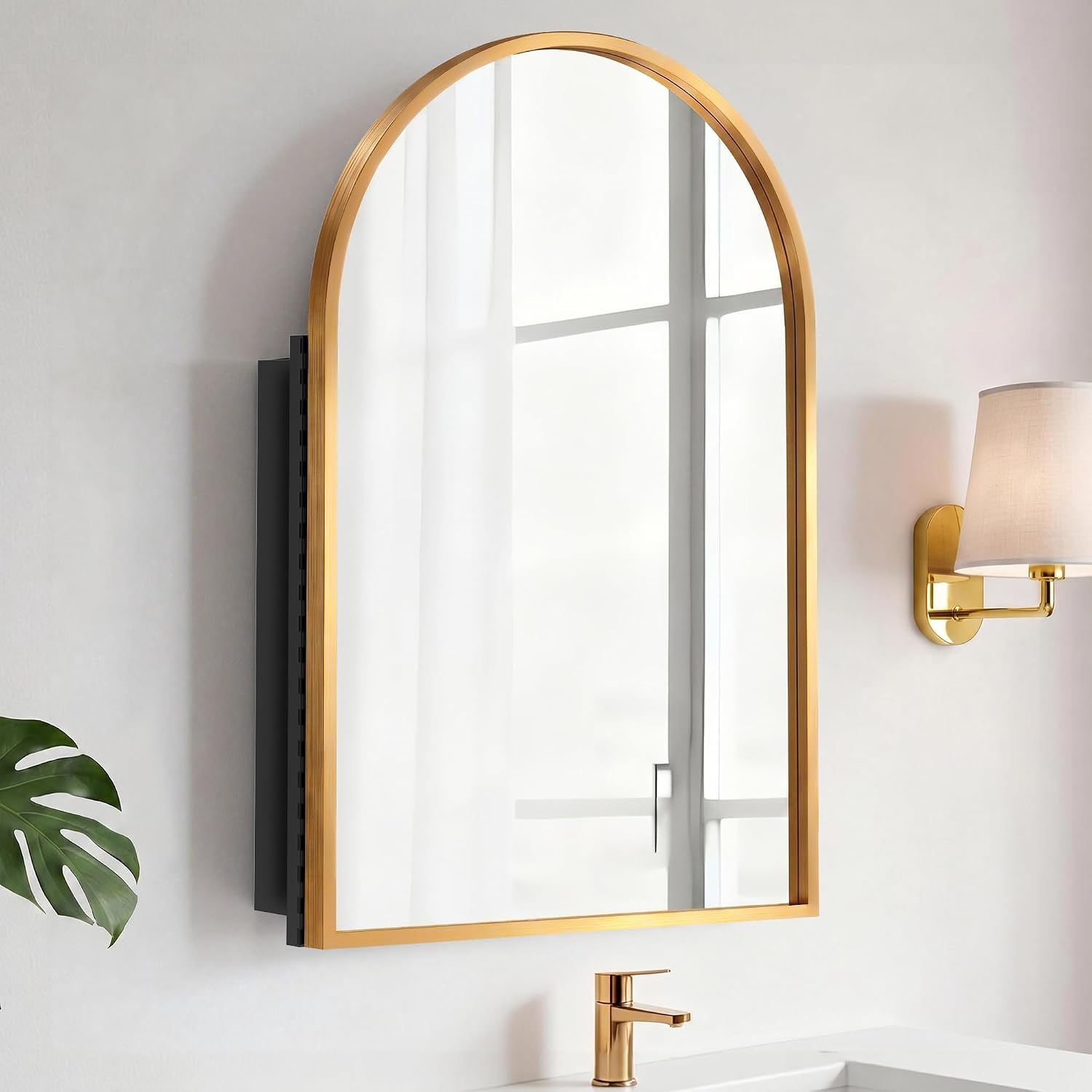 SogesPower 30'x20' Metal Medicine Cabinet with Mirror for Bathroom,Arched Recessed Medicine Cabinet with 2 Shelves, Wall-Mounted Bathroom Mirror with Storage,Gold