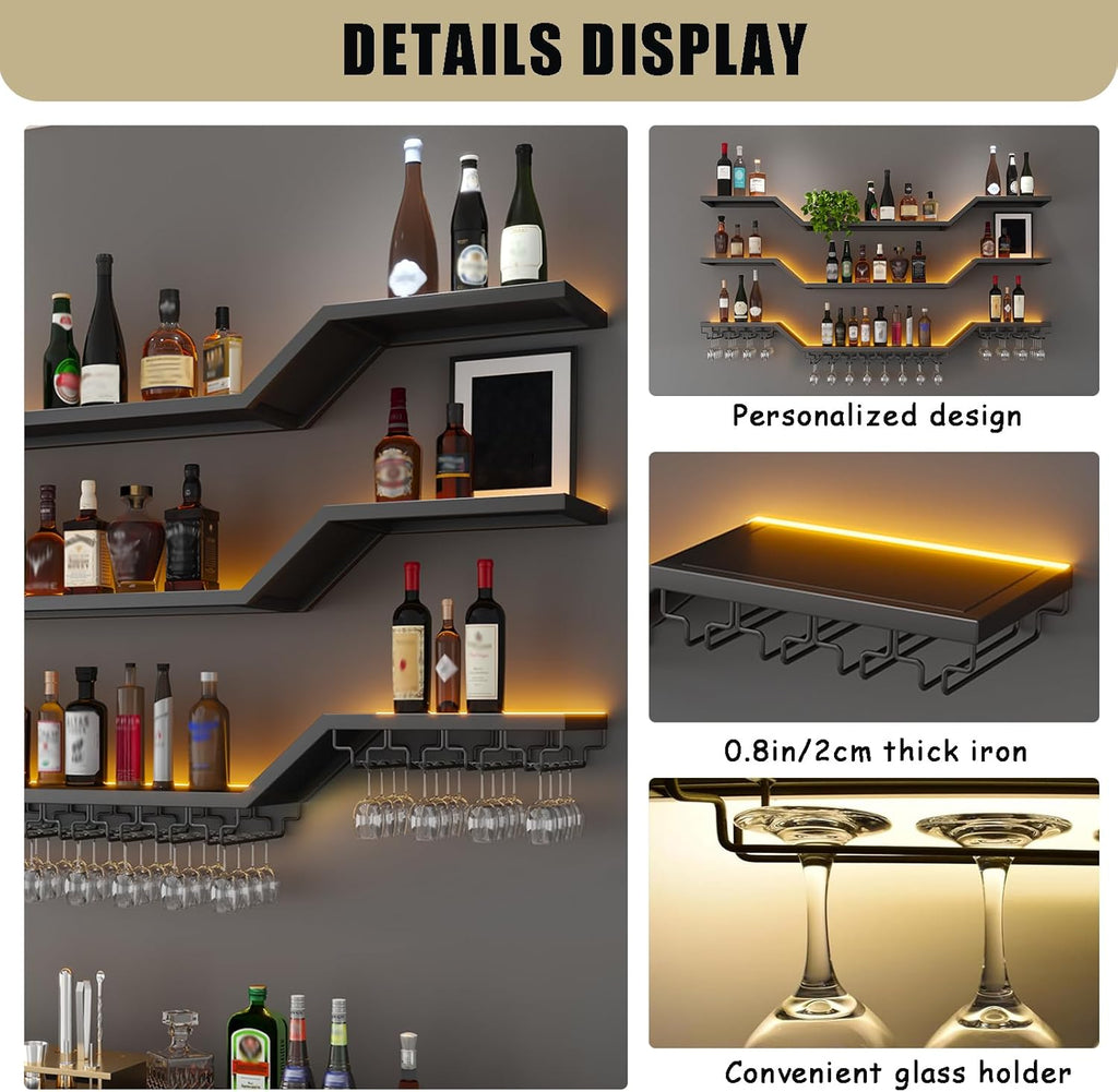 31.5in Modern LED Wine Rack Wall Mounted, 3-Tier Floating Bar Shelves with Wine Glass Rack, Large Hanging Liquor Shelf Wall Mounted, for Home Bar Dining Room Cafe Decorative (Black, 31.5in/80cm)