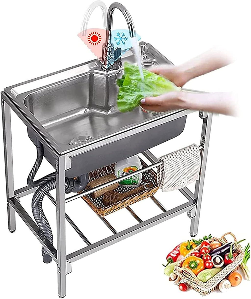 Free Standing Sink | Utility Prep Sinks | Single Bowl Sink | 304 Stainless Steel Sink | 1 Compartment Commercial Kitchen Sink | Extra-Deep Laundry Tub | with Faucet and Storage Shelves