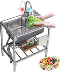 Free Standing Sink | Utility Prep Sinks | Single Bowl Sink | 304 Stainless Steel Sink | 1 Compartment Commercial Kitchen Sink | Extra-Deep Laundry Tub | with Faucet and Storage Shelves