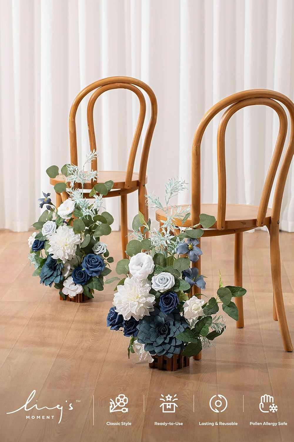 Ling's moment 17.5' Tall Standing Artificial Flowers Arrangements 4 pcs Wedding Aisle Runner Chair Decorations Dusty Blue Navy Centerpieces for Ceremony Reception Rose Floral Party Outdoor