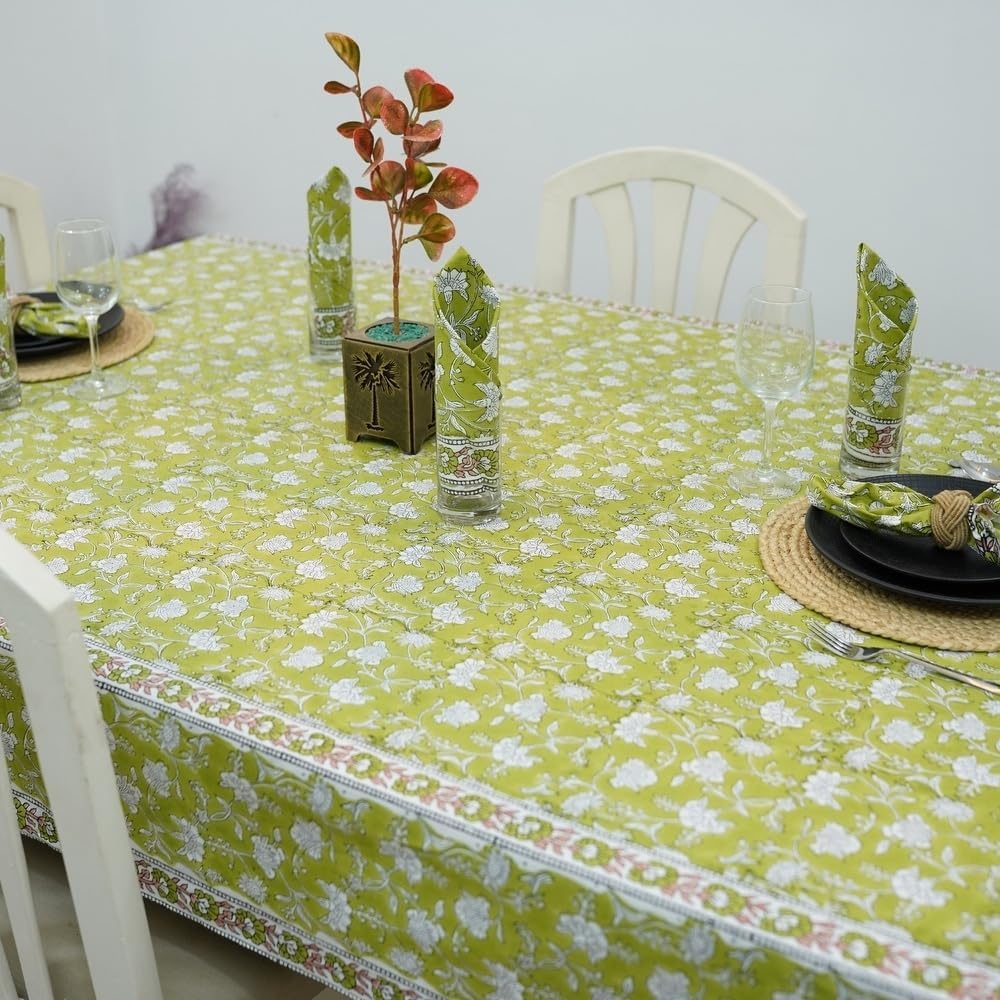 Luxury Aesthetic Traditional 100% Cotton Rectangle Christmas Tablecloth | Gorgeous Green White Brown Colors Intricate Floral Pattern 60'X108' Size | Modern Farmhouse Boho Rustic Festive Fall Decor