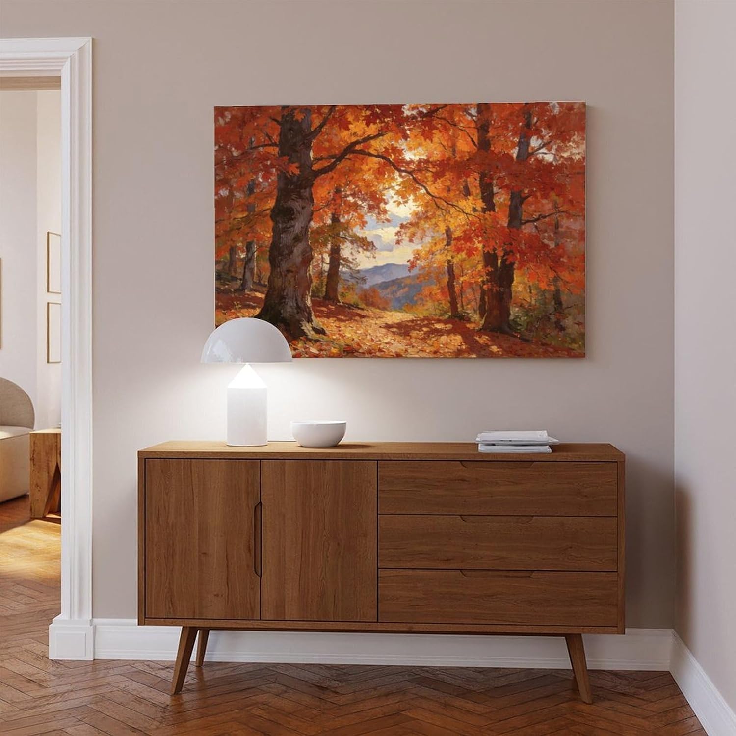 Autumn Forest Wall Art Print, Vibrant Red Maple Tree Landscape Painting, Fall Foliage Poster for Living Room Bedroom Decor 24x36inch(60x90cm)