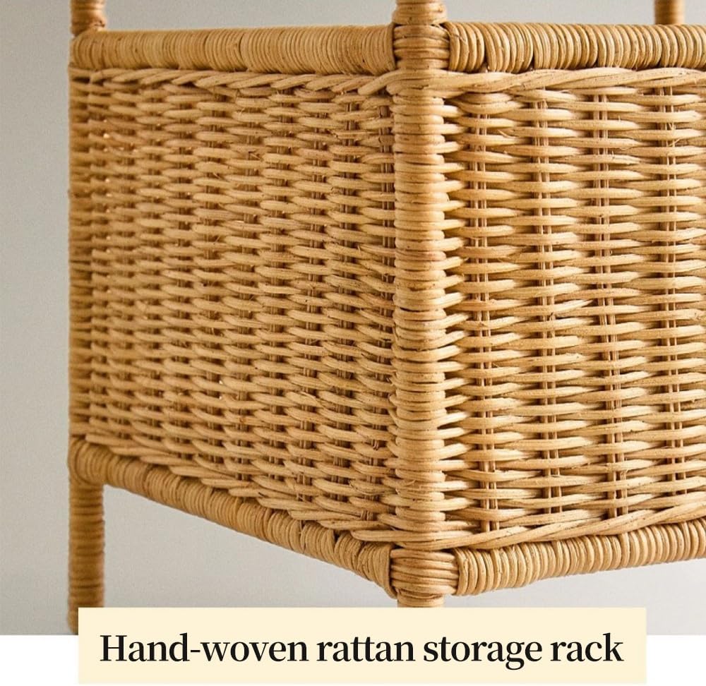 3 Tier Rattan Storage Rack, Hand-Woven Storage Shelves, Boho Basket Stand with Metal Frame, Rattan Corner Shelf for Living Room, Kitchen, Laundry, Bathroom