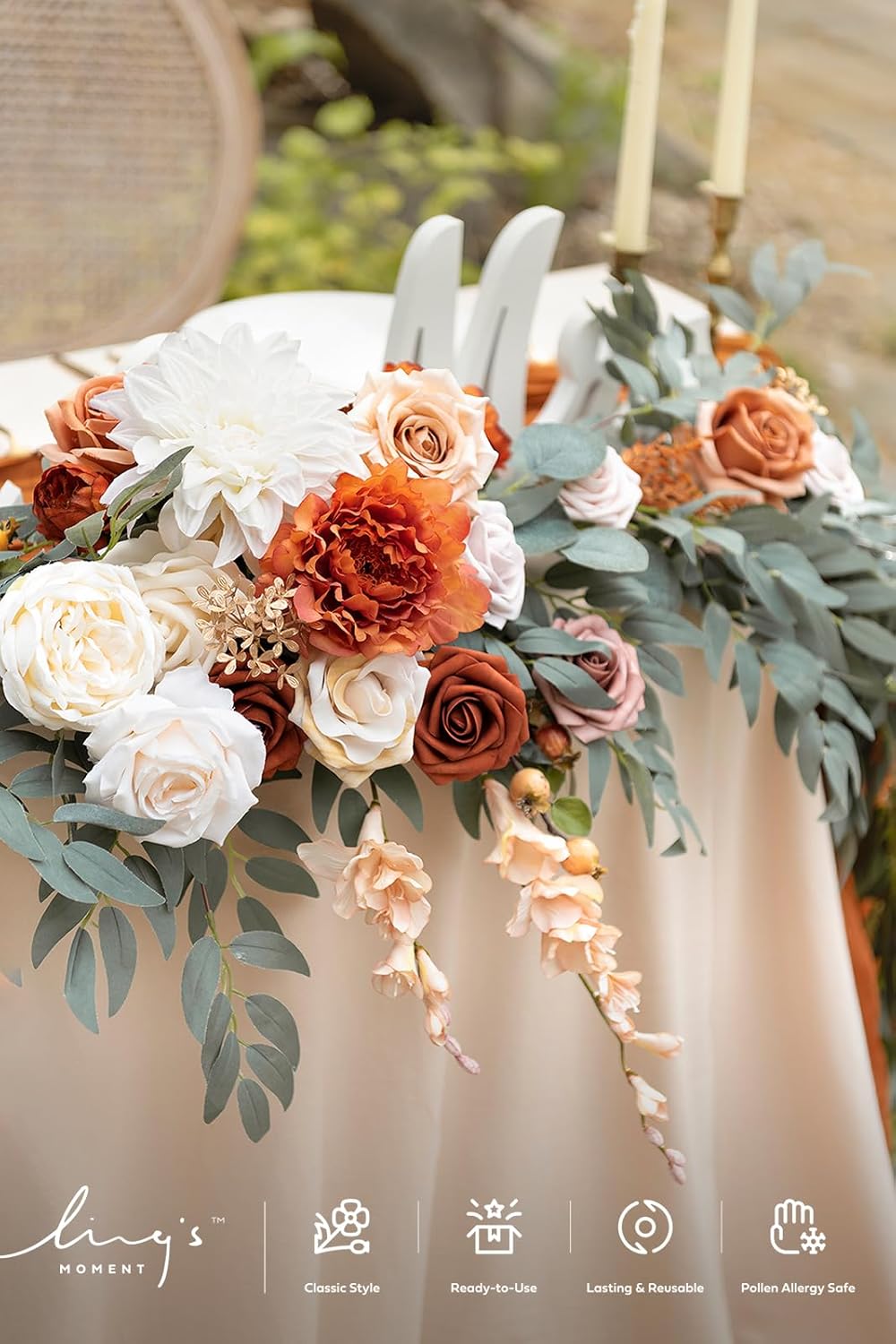 Ling's moment Fall 9FT Flower Garland for Backdrop Decorations - Wedding Arch Flowers, Eucalyptus & Rose, Artificial Floral Garland for Mantle - Sweetheart Table Decor for Ceremony, Terracotta