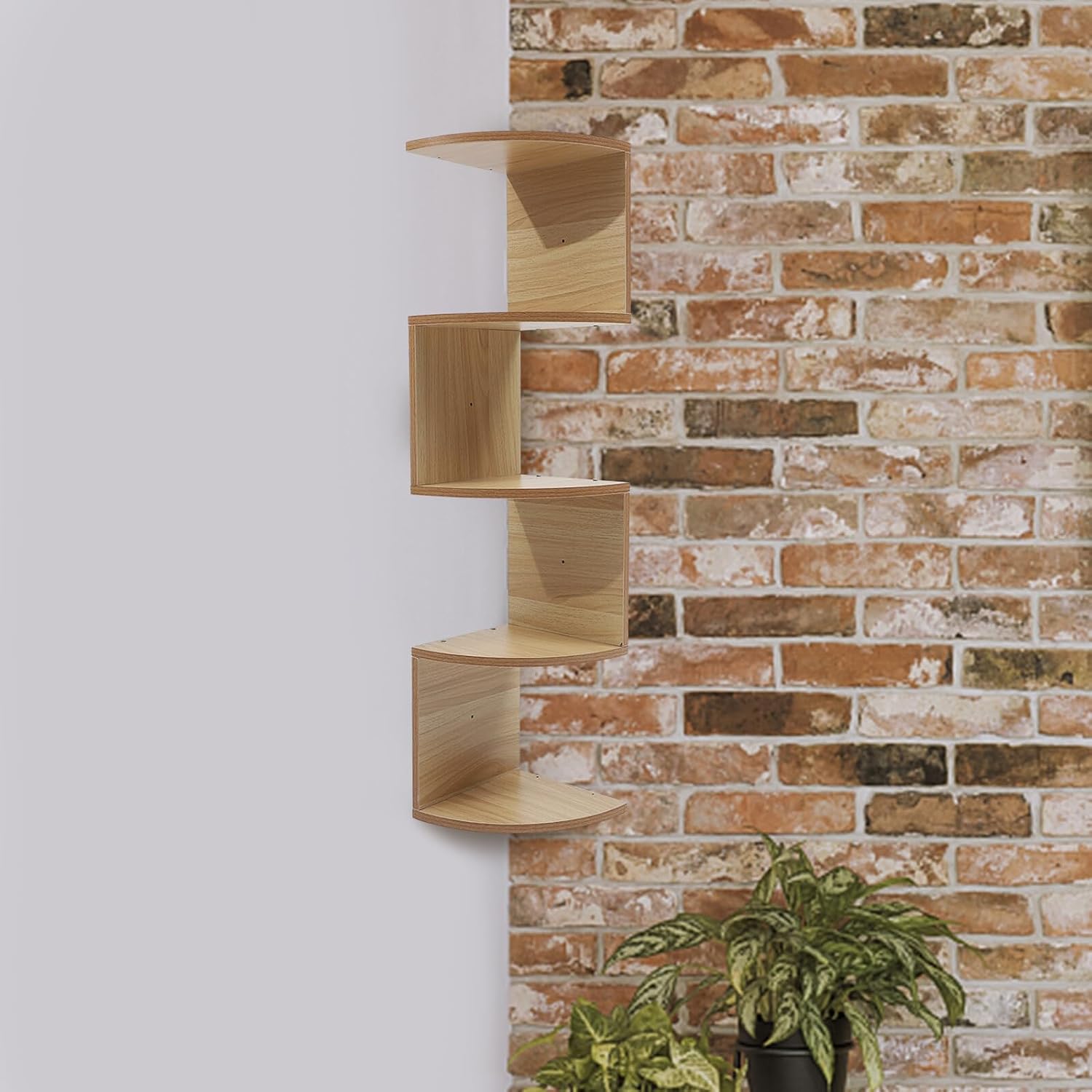 Creative 5-Tier Wall Mounted Wooden Storage Rack, Light Walnut Floating Shelf Corner Design for Household Organization and Decorative Display