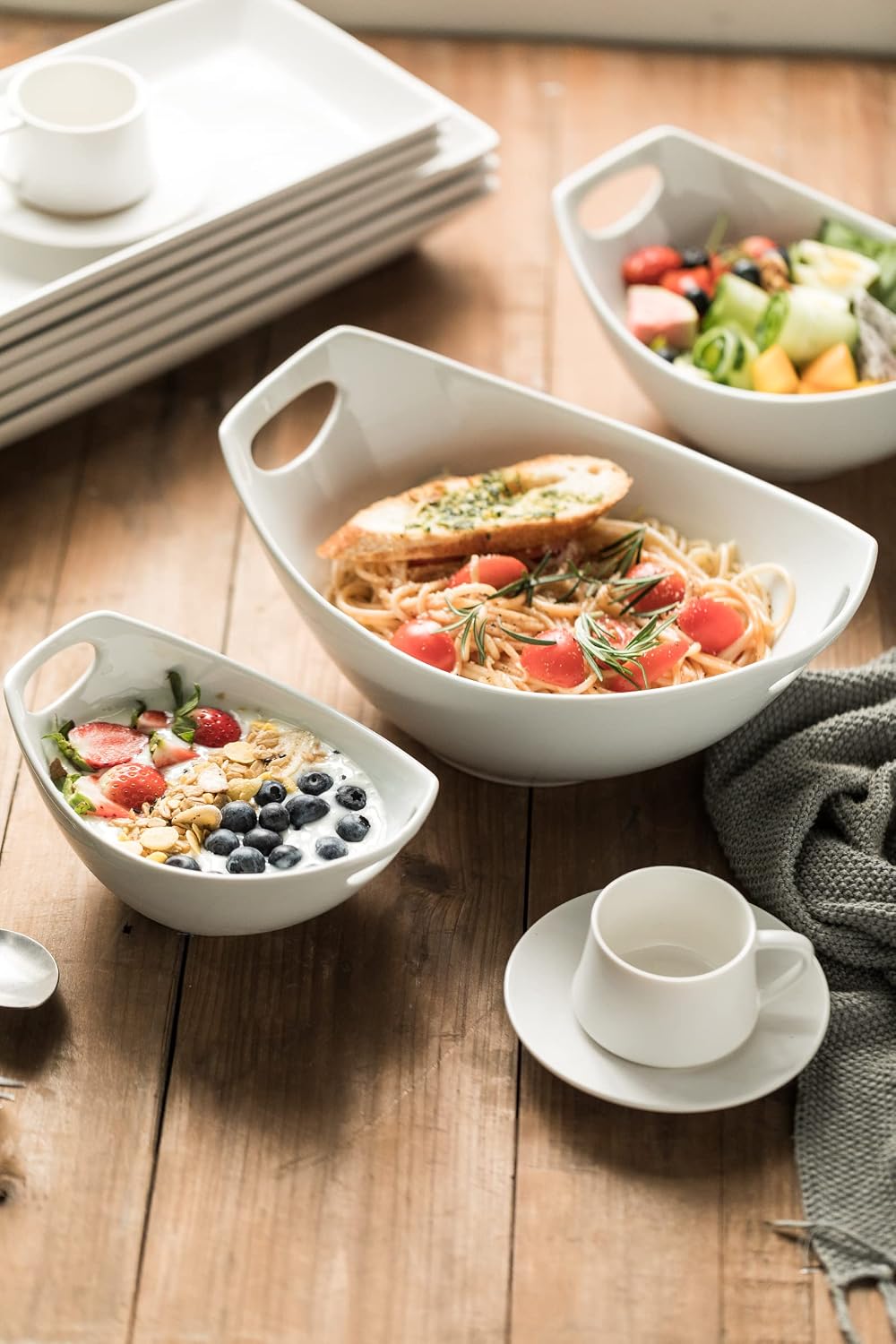 Gomakren Serving Bowls with Handles, 15/28/47 oz and 3 Tiered Oval Serving Bowl With Collapsible Metal Rack and 3 Tier Serving Trays Stand 14 Inches White Platters