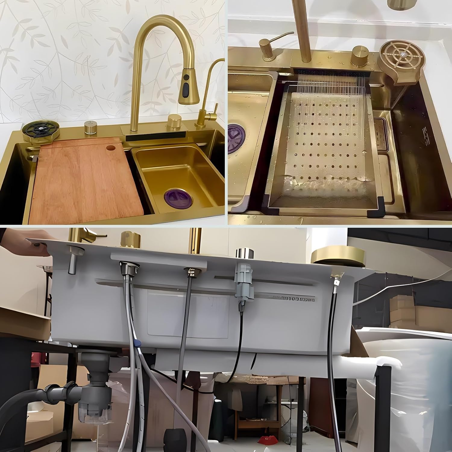 Gold Nano Kitchen Waterfall Sink Set With Multi-Function Pull-Out Faucet Complete Versatile Workstation Bar Prep Sink Bundle Deep Single Bowl Sink Space-saving Sink ( Color : Gold , Size : 68x45cm )