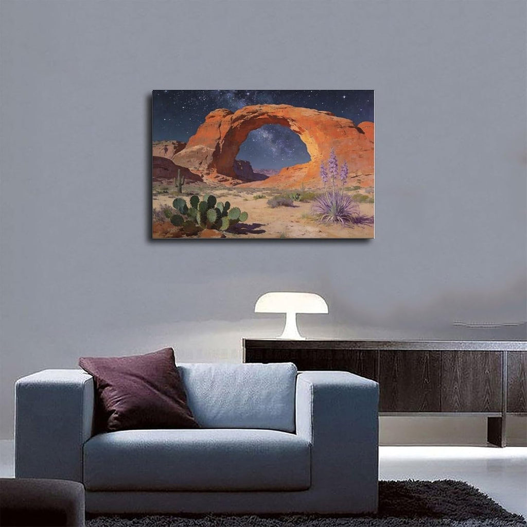 Frame Starry Night Desert Arch Wall Art Canvas Print, Milky Way Sky Over Red Rock Canyon Landscape Painting, Southwestern Cactus Decor 24x36inch(60x90cm)
