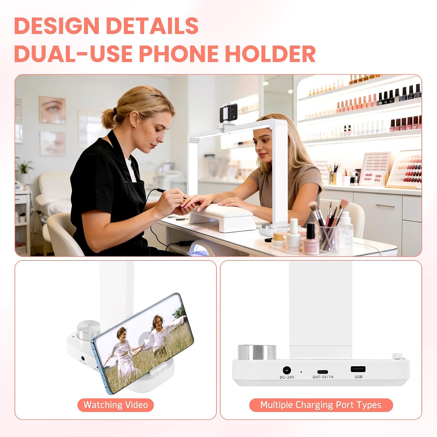 Half Moon Light for Nail Desk, Large Square Table Lamp Suitable for Manicures, Tattoos, Eyelash Extensions, and Sewing, Desk Light with Phone Holder and Charging Port, White, 2 Packs