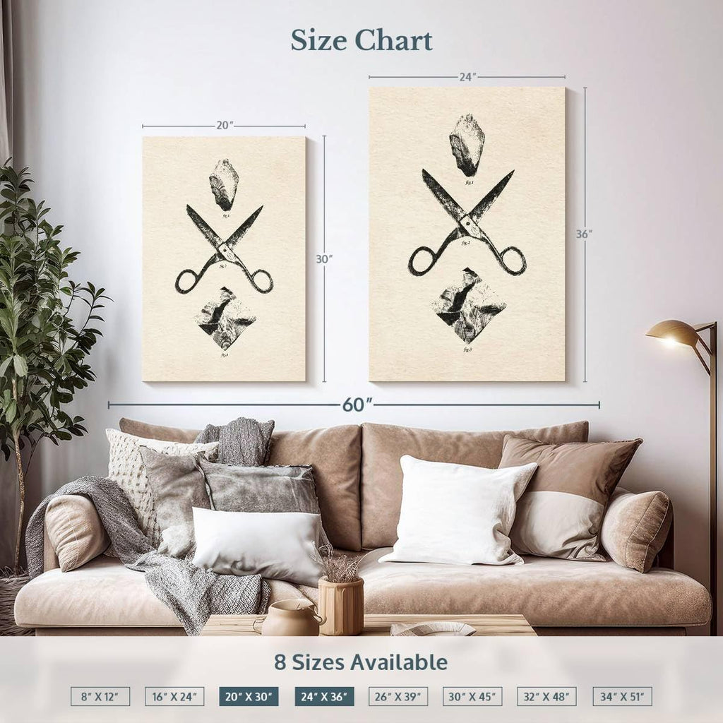 ElephantStock - Rock Scissors Paper Vintage Wall Art - Vertical Canvas Wall Art - Home Office Wall Decor - Drawing Game Canvas Art - Black And Gray Decor by Daniel Coulmann - 24' x 36'