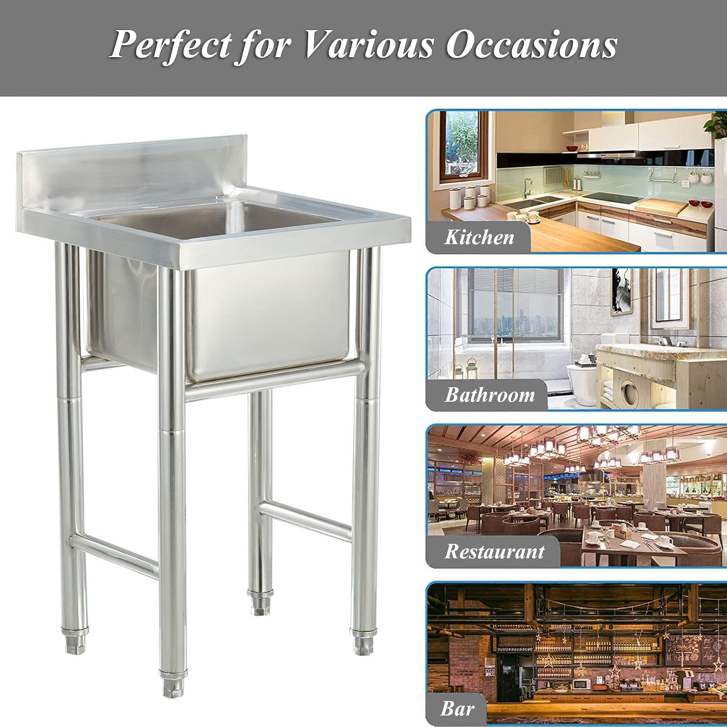 Free Standing Sink | Single Bowl Sink | 1 Compartment Commercial Kitchen Sink | Utility Prep Sinks | 304 Stainless Steel Sink | Extra-Deep Laundry Tub | Indoor-Outdoor Protable