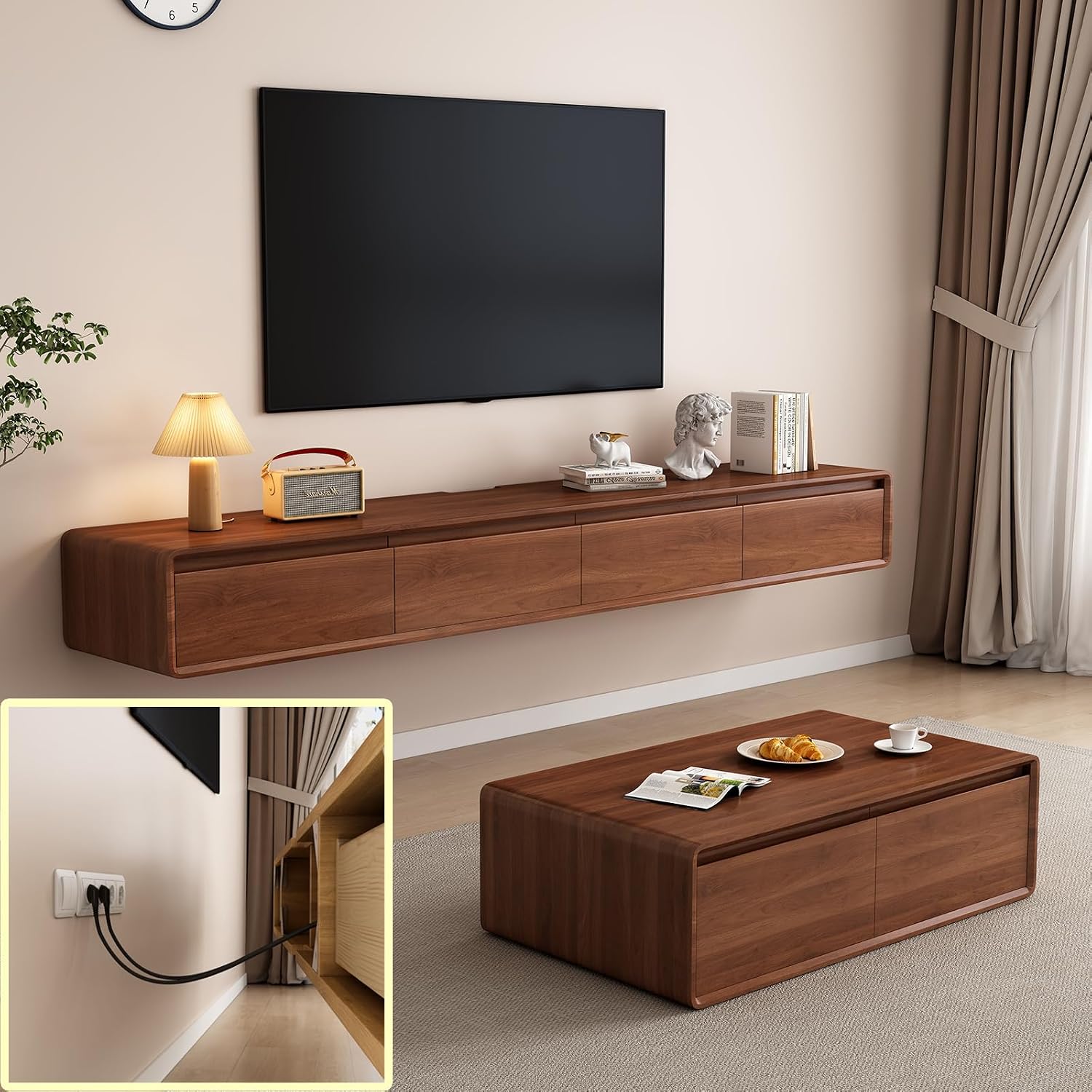 Floating TV Stand Large Floating TV Shelves Wall Mounted Multi Storage Compartment TV Media Console Floating TV Cabinet Bench Under TV Large Storage (Brown C, 63.0 * 7.9 * 9.4 in)