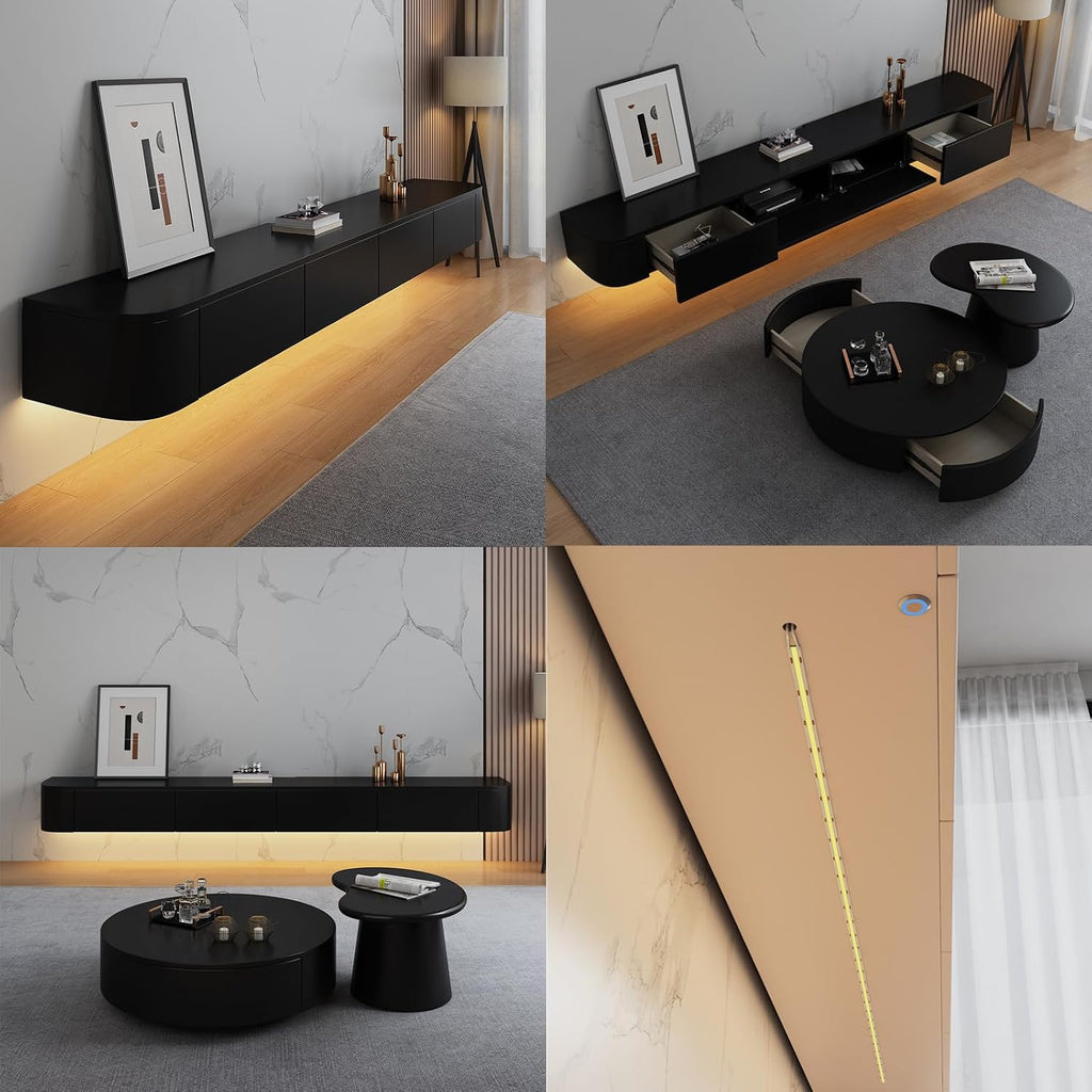 Floating TV Stand Large Floating TV Shelves Wall Mounted Multi Storage Compartment TV Media Console Floating TV Cabinet Bench Under TV Large Storage (Black with Led, 86.6 * 7.9 * 9.4 in)