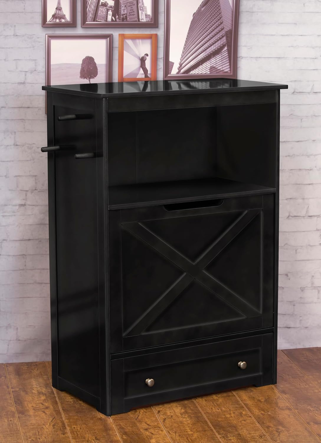 zoovilla Pet Feeding Station Furniture with Storage, Stylish Pet Food Cabinet with 2 Pull-Out Elevated Bowls, Tilt-Out Open Shelf Storage with 3 Hangers, Black.