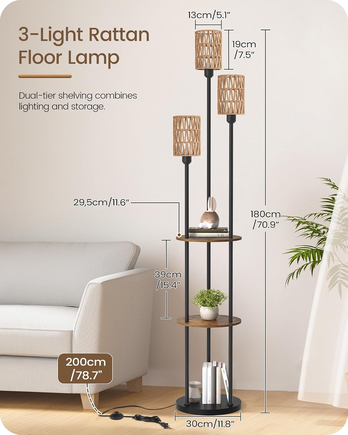 Floor Lamp with Shelves, Boho Floor Lamp with Foot Switch, 3-Light Standing Lamp, for Living Room, Bedroom, Study, Rustic Brown and Yellow YF53LD05