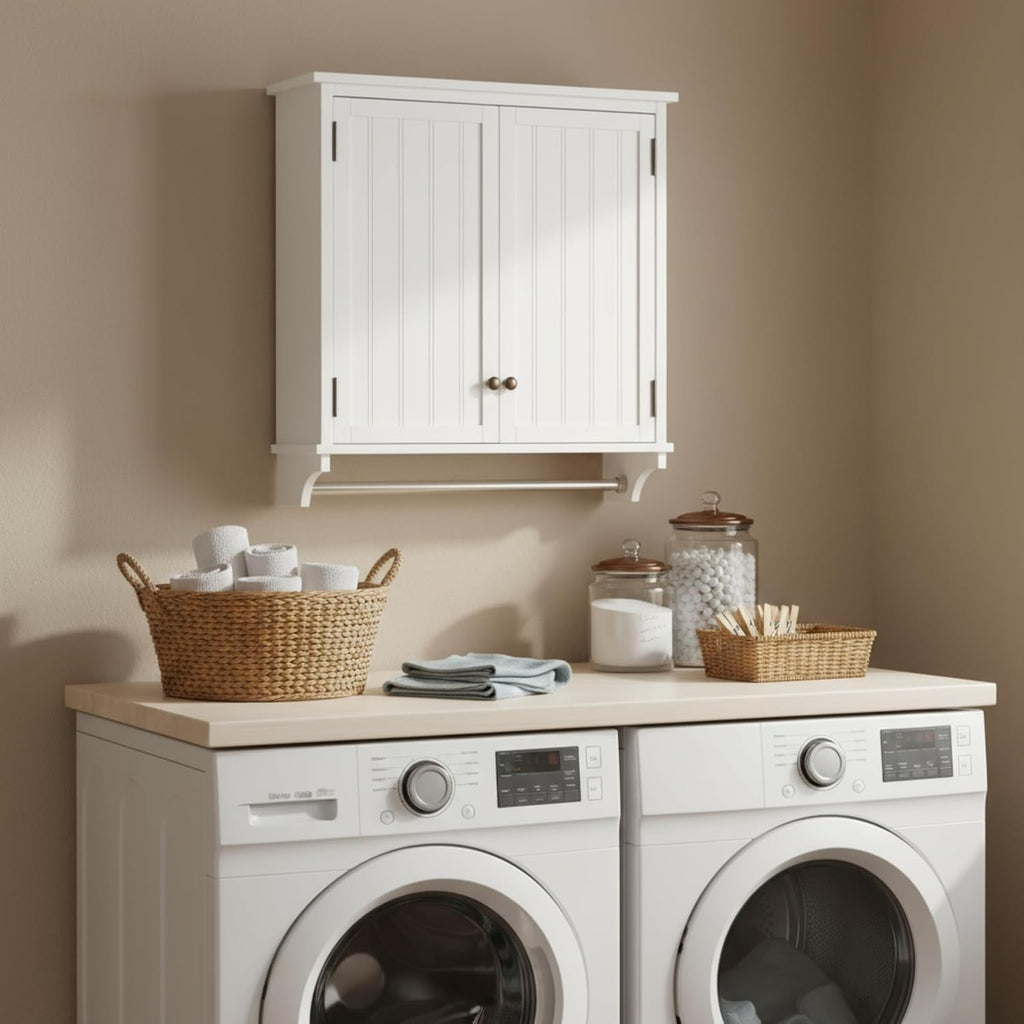 Dover 27' x 29' Wall Mounted Bathroom Storage Cabinet with Shaker Beadboard Doors, Two Adjustable Shelves and a Towel Bar – White Wall Cabinet for Bathroom, Laundry, or Entryway by Alaterre Furniture