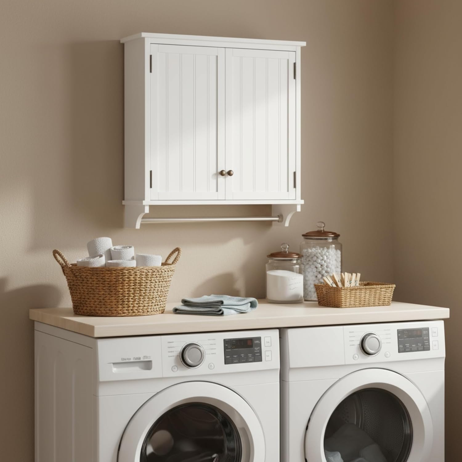 Dover 27' x 29' Wall Mounted Bathroom Storage Cabinet with Shaker Beadboard Doors, Two Adjustable Shelves and a Towel Bar – White Wall Cabinet for Bathroom, Laundry, or Entryway by Alaterre Furniture