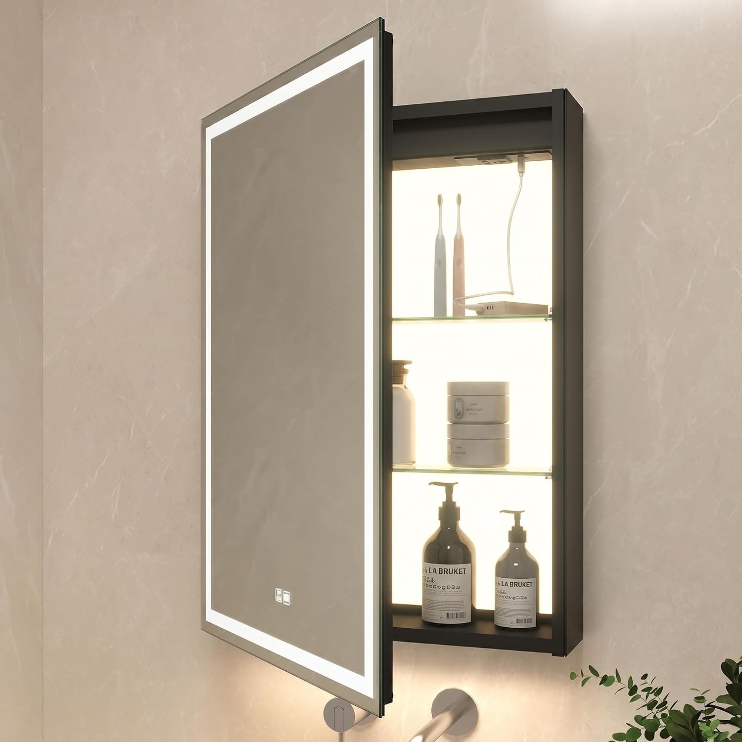 KWW LED Lighted Bathroom Medicine Cabinet with Backlit Panel, Sockets & USBs. Anti-Fog, Dimmable, 3 Color Light Makeup Mirror, Easy to Install, Wall Mounted (Inner Glow-Left hinge-20 * 28)