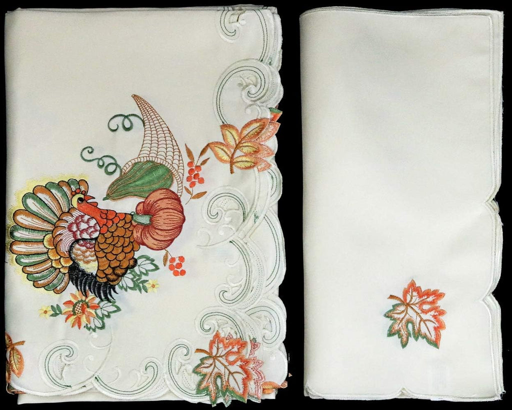 Creative Linens Fall Harvest Thanksgiving Tablecloth 70x140 Rectangular with 12 Napkins, Embroidered Turkey Pumpkin Maple Leaf Table Linen for Holiday Decoration, Ivory