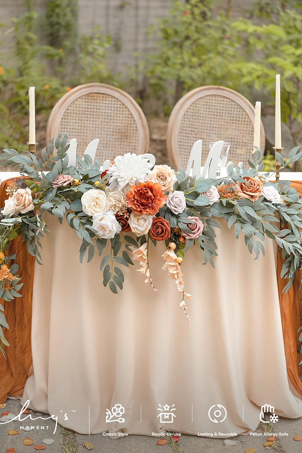 Ling's moment Fall 9FT Flower Garland for Backdrop Decorations - Wedding Arch Flowers, Eucalyptus & Rose, Artificial Floral Garland for Mantle - Sweetheart Table Decor for Ceremony, Terracotta