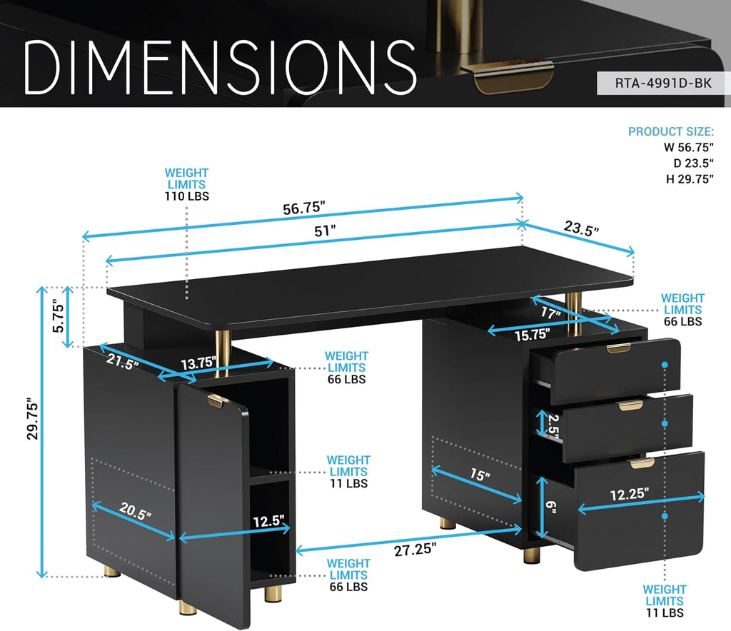 Elegant 57' W Executive Desk with 3 Drawers and Storage Cabinet, Modern Office Desk with Gold Accents, Floating Work Surface, Closed Storage with Ventilation & Adjustable Shelf (Black,Gold)