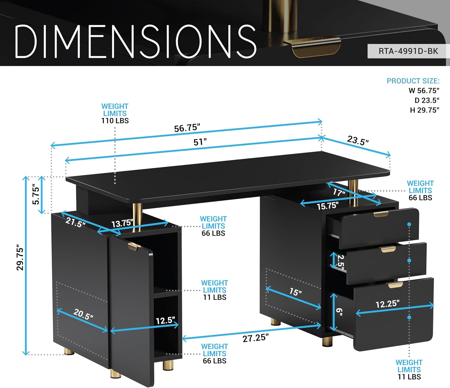Elegant 57' W Executive Desk with 3 Drawers and Storage Cabinet, Modern Office Desk with Gold Accents, Floating Work Surface, Closed Storage with Ventilation & Adjustable Shelf (Black,Gold)