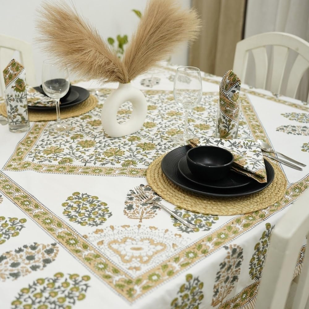 TRP Luxury Aesthetic Traditional 100% Cotton Rectangle Christmas Tablecloth | Gorgeous Green White Grey Colors Intricate Floral Pattern 72'X118' Size | Modern Farmhouse Boho Rustic Festive Fall Decor