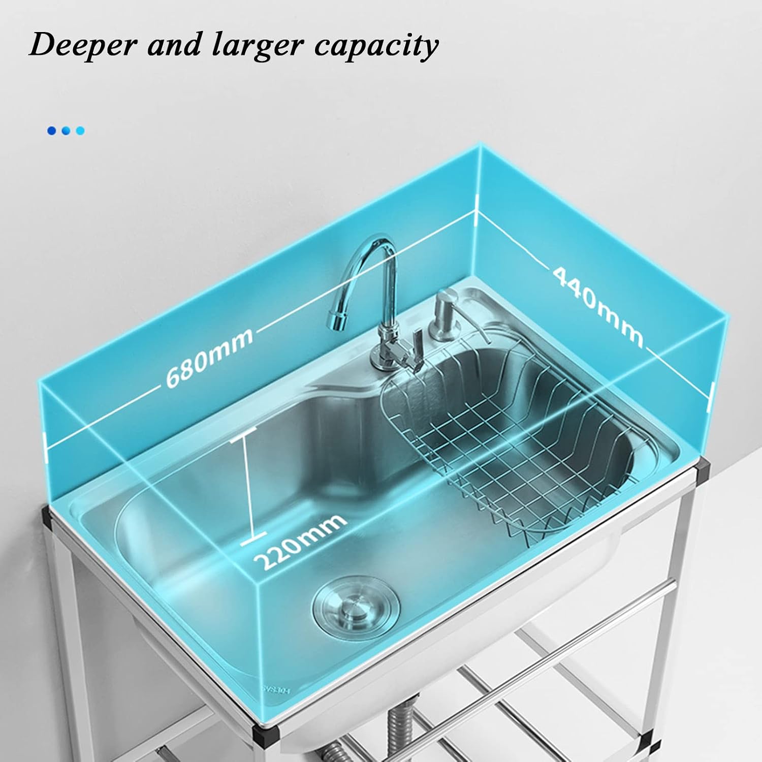 Free-Standing Single Bowl Sink Commercial Restaurant Bar Sink 304 Stainless Steel Sink for Prep Utility Washing Hand Basin Laundry Outdoor Protable