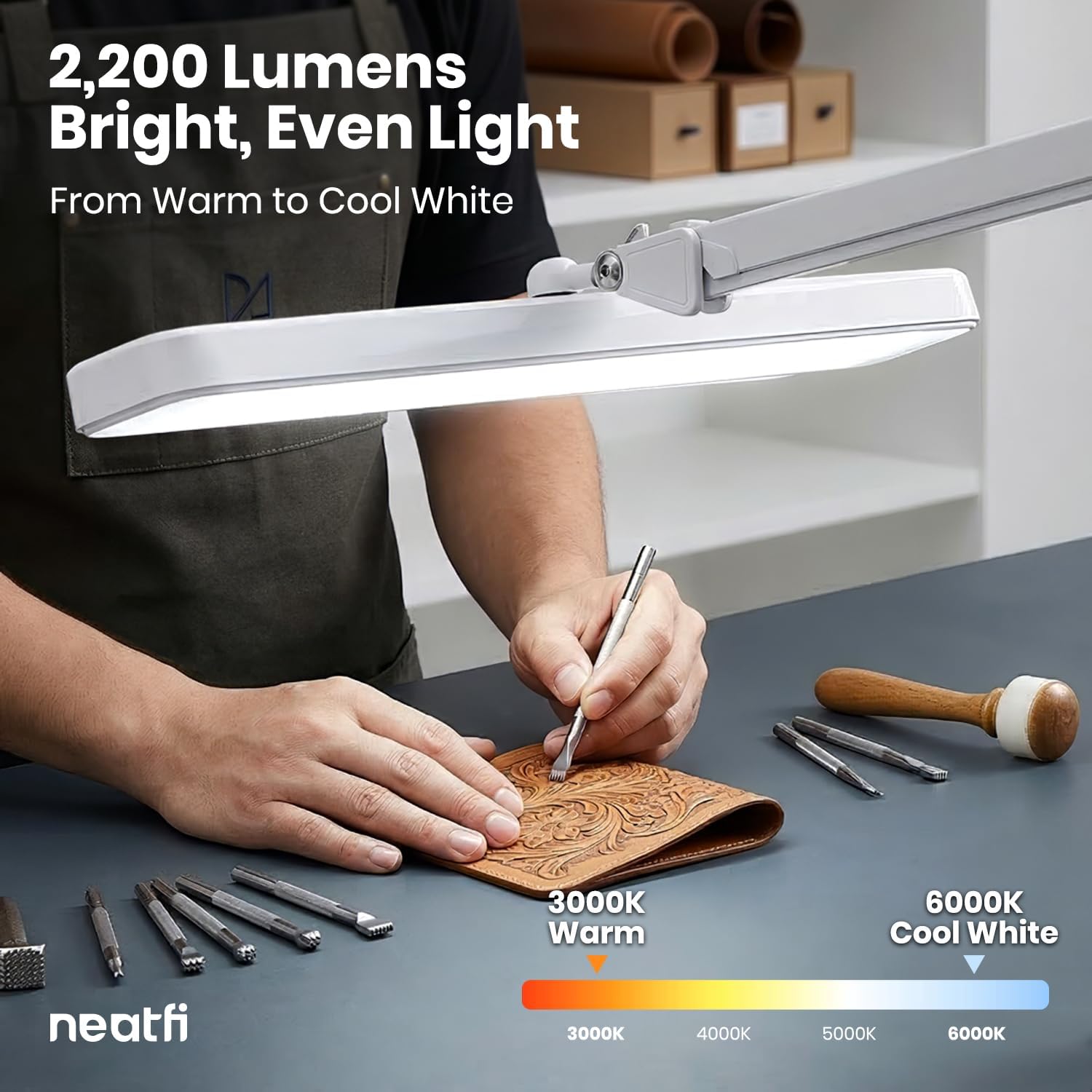 Neatfi XL 2,500 Lumens 30W LED Task Lamp with Base | 324 SMD LEDs | CCT | 5 Light Modes | 3000K–6000K | Dimmable | Adjustable Arm with Clamp | Desk Light for Home (White-2, 22-Inch Wide Shade)