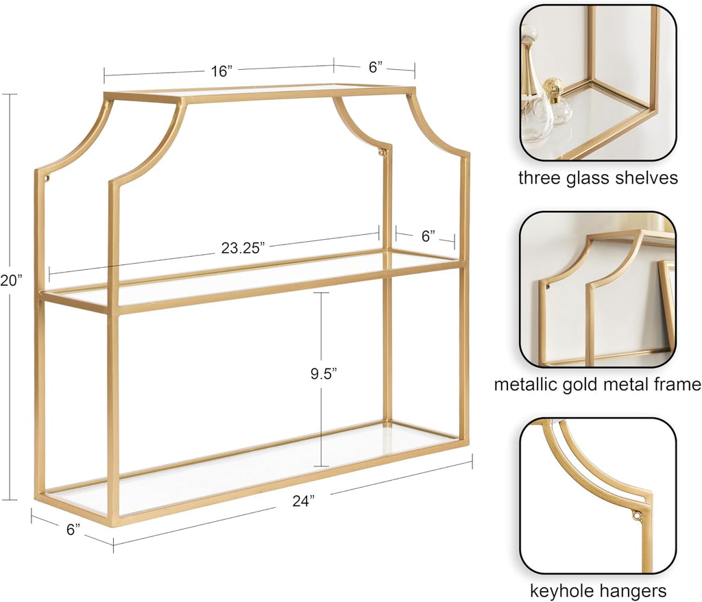 Kate and Laurel Ciel Modern Glam Wide Two-Tier Wall Shelf, 24 x 20, Gold, Tiered Bathroom Shelves for Over the Toilet Storage or Bedroom Makeup Organizer
