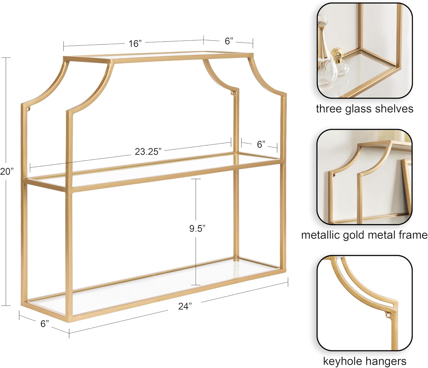 Kate and Laurel Ciel Modern Glam Wide Two-Tier Wall Shelf, 24 x 20, Gold, Tiered Bathroom Shelves for Over the Toilet Storage or Bedroom Makeup Organizer
