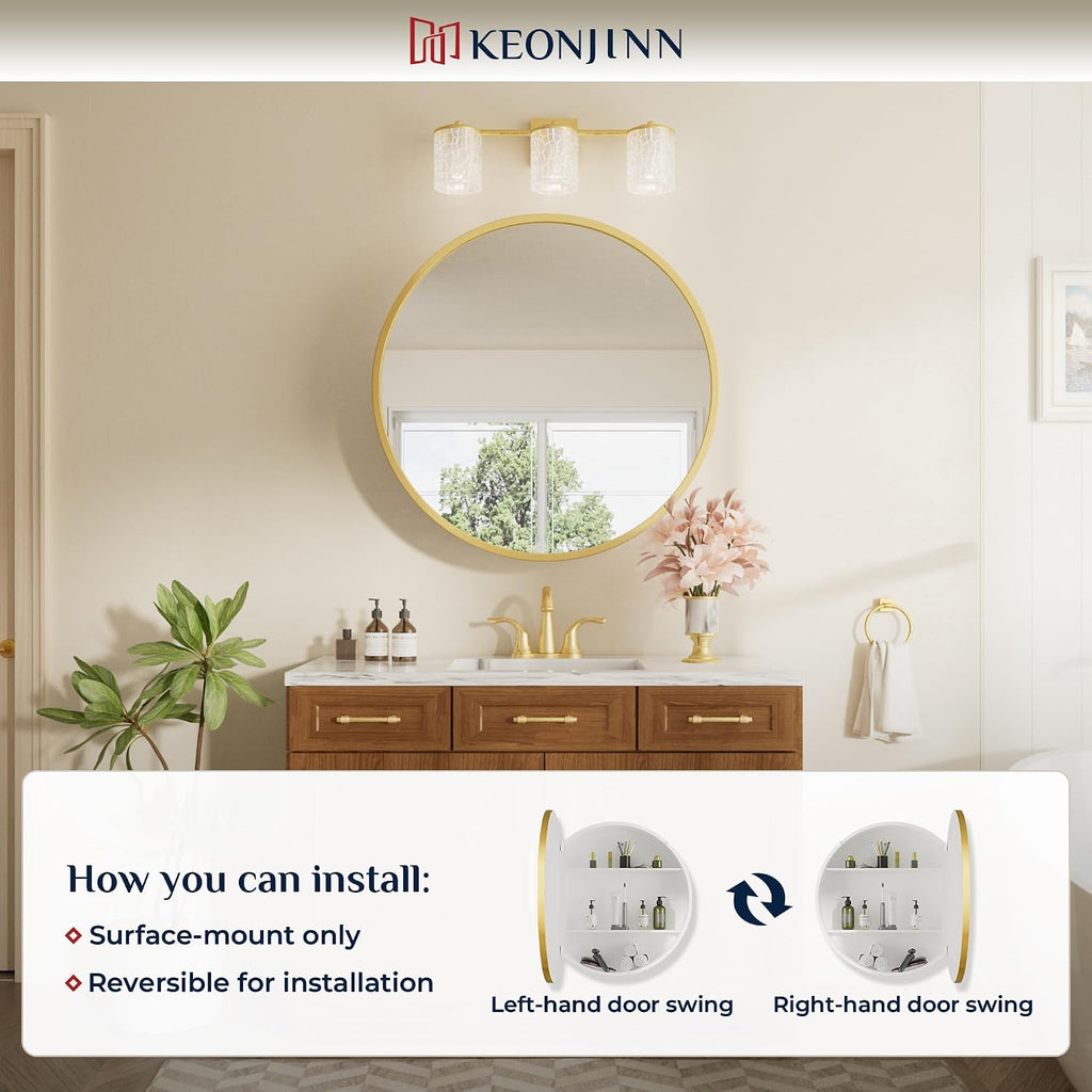 Keonjinn 20x20 Inch Round Gold Medicine Cabinet Mirror for Bathroom, Gold Surface Mount Medicine Cabinet with Mirror, Circular Framed Mirrored Medicine Cabinets, Modern Cabinet with Vanity Mirrors