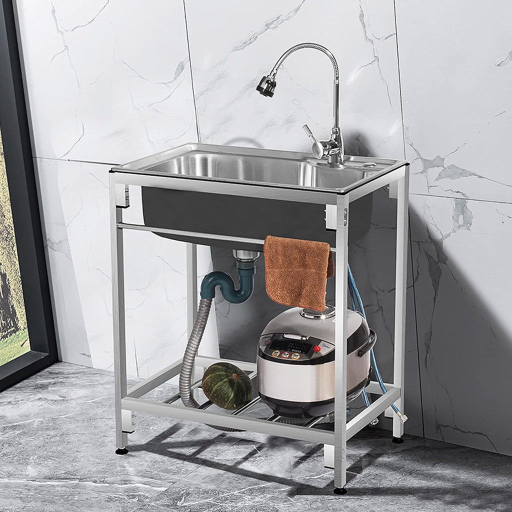 Utility Sink Laundry Tub with Adjustable Metal Legs and Storage Shelf, Stainless Steel Home Commercial Single Bowl Sink for Laundry Room, Basement or Garage Workshop
