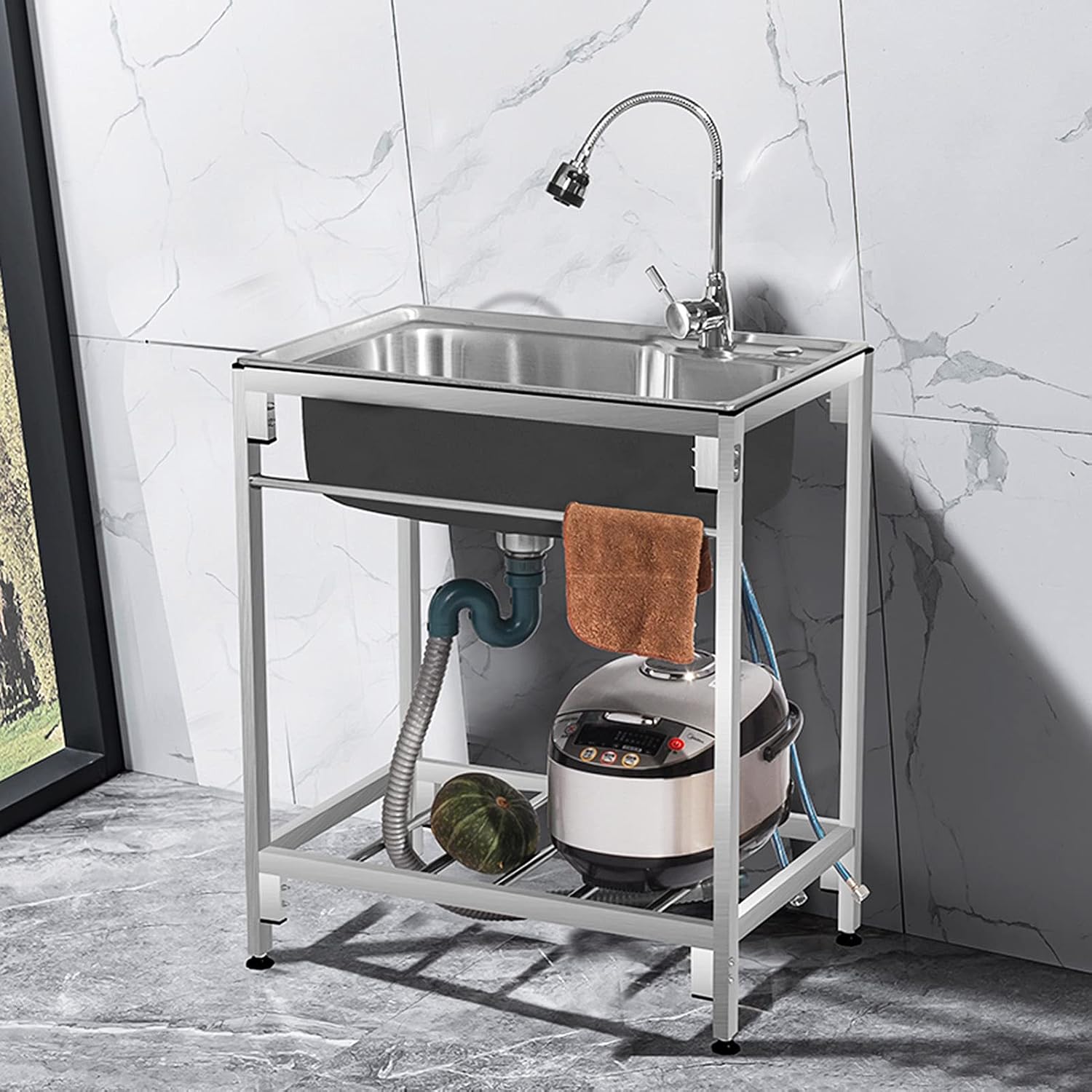 Utility Sink Laundry Tub with Adjustable Metal Legs and Storage Shelf, Stainless Steel Home Commercial Single Bowl Sink for Laundry Room, Basement or Garage Workshop