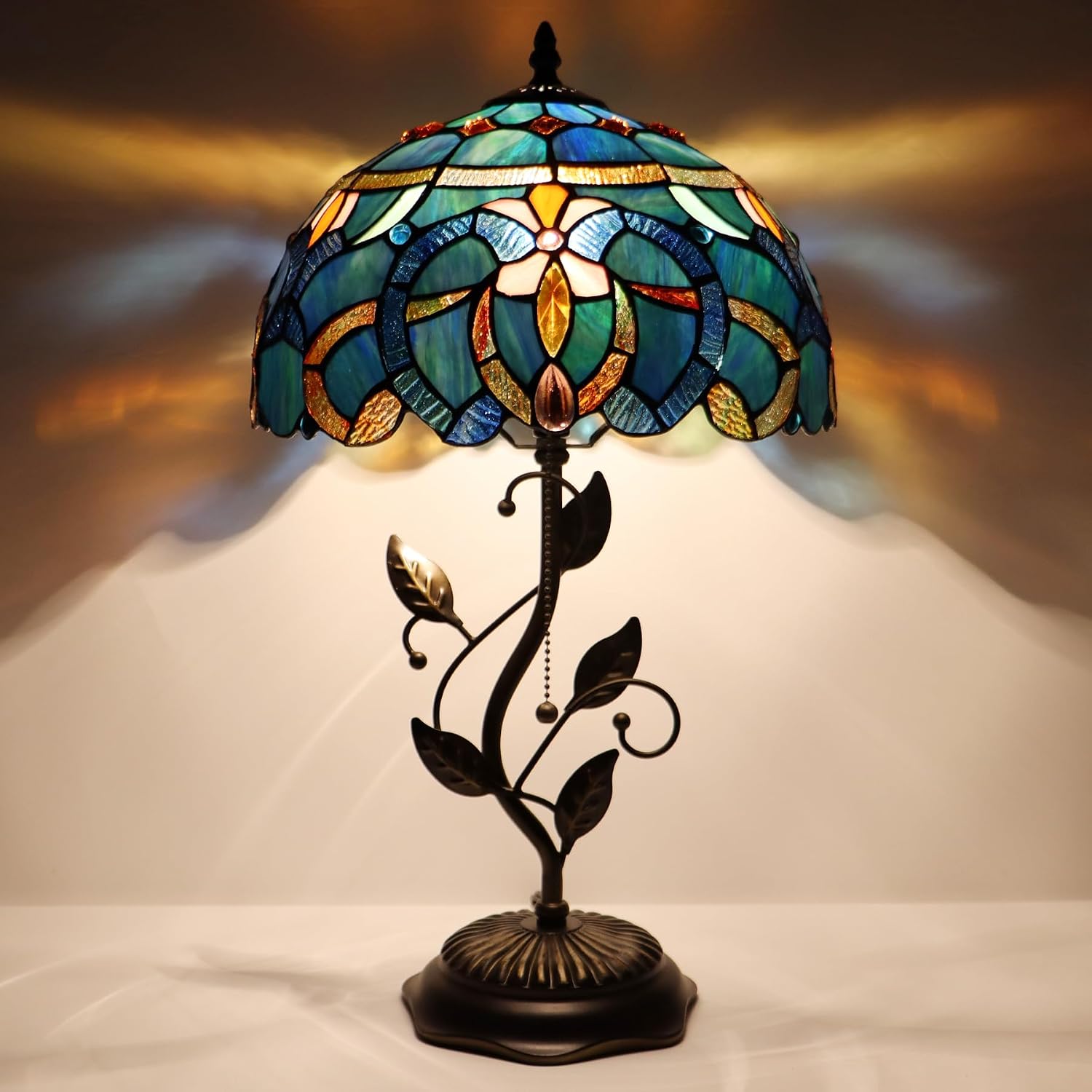 Tiffany Table Lamp, Stained Glass Desk Light, W12H19 Inch, Metal Leaf Base (Blue Baroque Style)