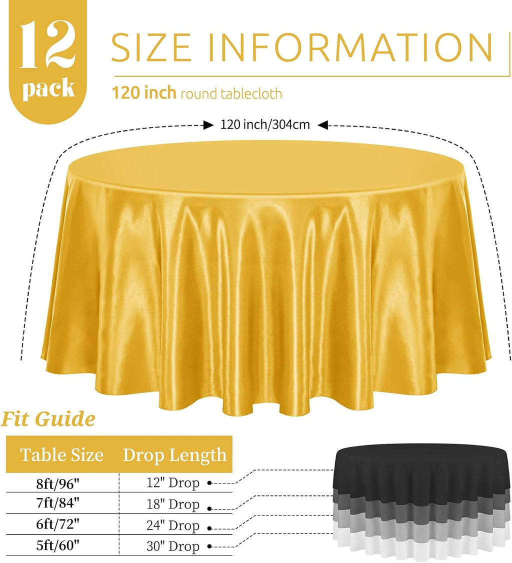 12 Pack 120 Inch Round Tablecloth, Gold Satin Fabric Table Cloth for Round Tables, Wrinkle Resistant Washable TableCover Bright Silk Table Clothes for Wedding Party Dining Tables Banquet
