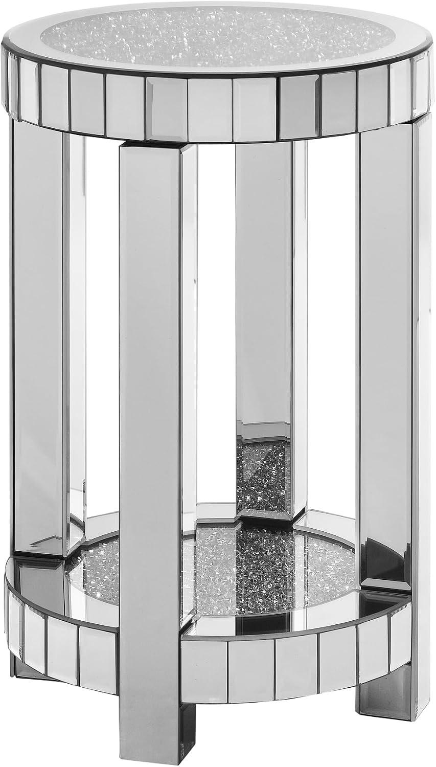 Mirrored Round End Table with Crystal, 2-Layer Modern Small Sofa Table with Storage Space, Silver Decorative Table for Living Room, Bedroom