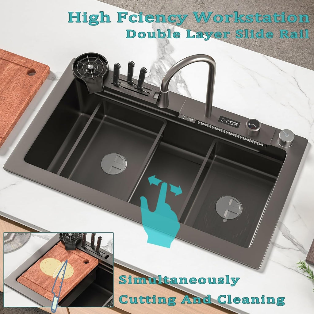 13-Piece Set Waterfall Kitchen Sink Stainless Steel Workstation Single Bowl Sink with Digital Display Pull-Out Faucet, Cup Washer, Control Knobs (Color : Black-Grey, Size : 80x46cm)