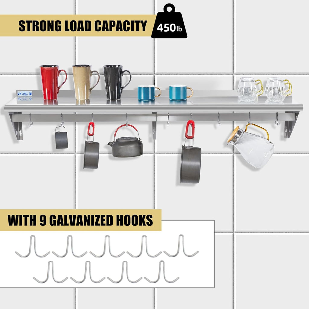 Hally Stainless Steel Shelf with 8 Hooks 14' x 72' Wall Mounted Pot Rack 400lb, NSF Commercial Floating Shelving for Storage Hanging Pots, Pans, cookware in Restaurant, Kitchen, Home and Hotel