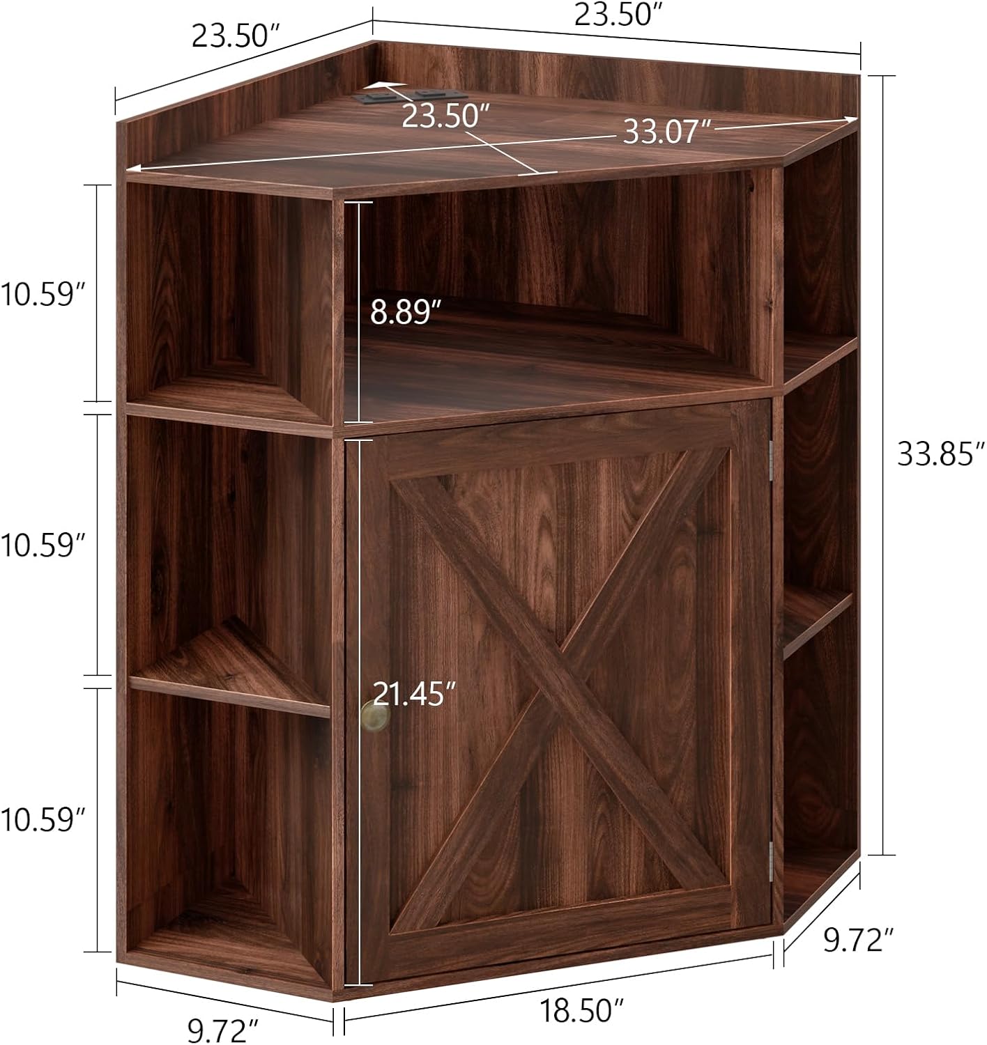 Halitaa Corner Storage Cabinet, Farmhouse Corner Bookshelf with Storage 6-Cubby Wooden Cabinet with USB Ports and Outlets Industrial Organizer for Small Space, Study, Playroom, Living Room, Walnut