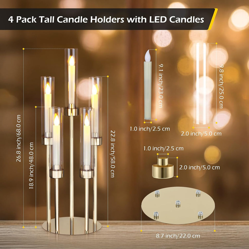 Dyna-Living Gold Candelabra Centerpiece 4 Set 26.8'' Tall Candle Holder Centerpiece for Tables, 5 Arms Candlestick Holders with Acrylic Lampshade, Gold Candelabra Floor Stands for Wedding Party Home
