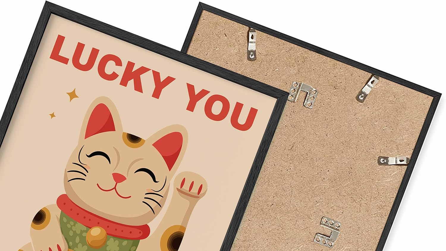 Japanese Maneki-neko Lucky Cat Wall Art Lucky You Retro Illustration 24x36 Inch Oak Wood Black Framed Traditional Charm Print for Living Room Entryway Bedroom Decor
