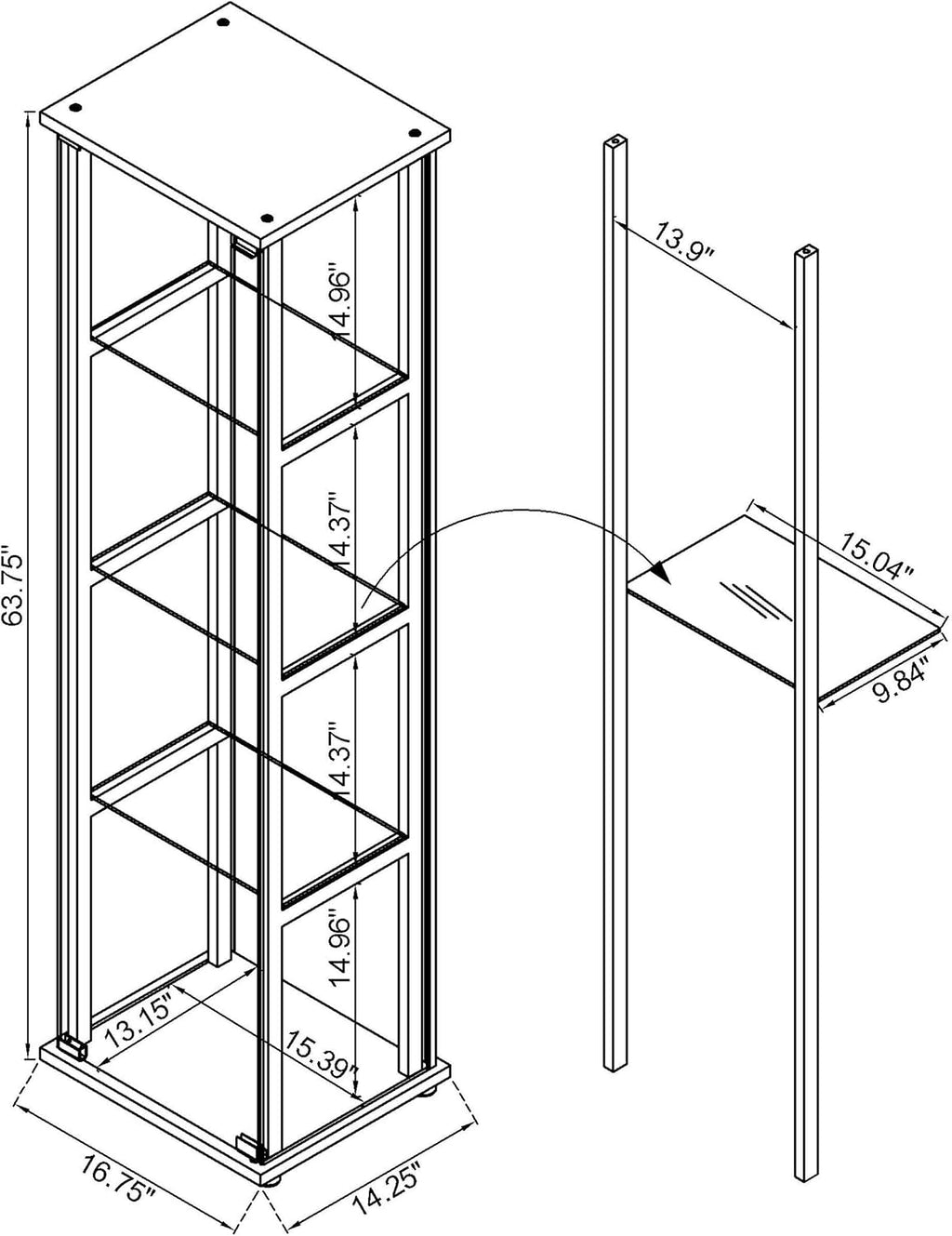 Coaster Home Furnishings Cyclamen 64-inch 5-Tier Clear Tempered Glass Curio Cabinet Display Case with Shelving Black 950171