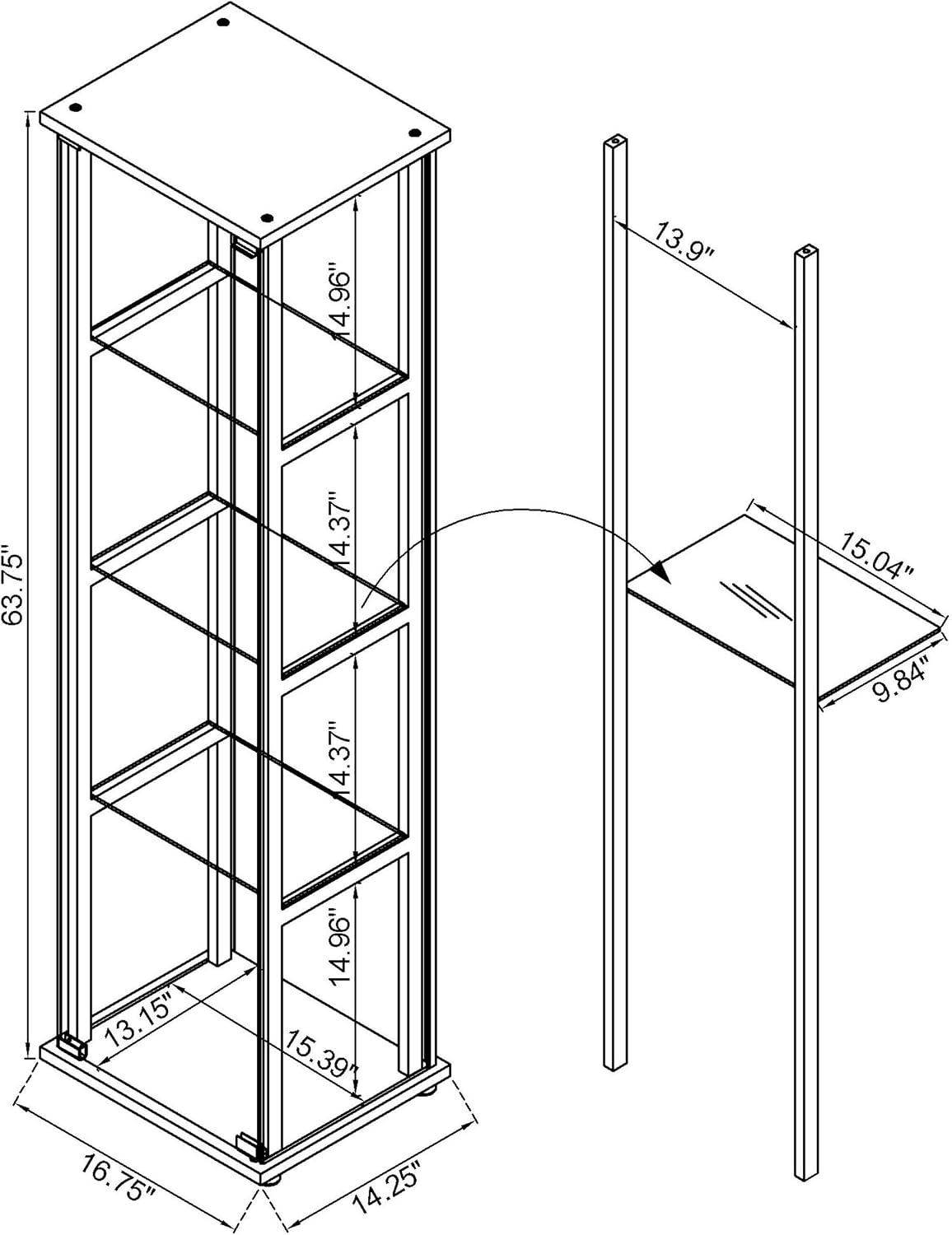 Coaster Home Furnishings Cyclamen 64-inch 5-Tier Clear Tempered Glass Curio Cabinet Display Case with Shelving Black 950171